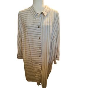 Catherine's Tan & White Linen Button Up Blouse Size 1X